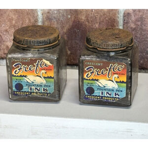 Lot of 2 Crescent Fre Flo-Fountain Pen Ink Glass Bottles Jars Antique‎ 1920s